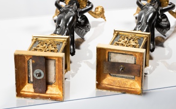 Pair of French Empire Gilt and Patinated Bronze Three-Light Candelabra with Winged Victories, Attributed to Thomire