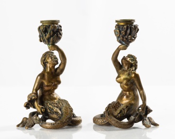 Antonio Pandiani (Italian, 1838-1928) Pair of Bronze Candlesticks, Triton and Nereid