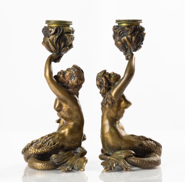 Antonio Pandiani (Italian, 1838-1928) Pair of Bronze Candlesticks, Triton and Nereid