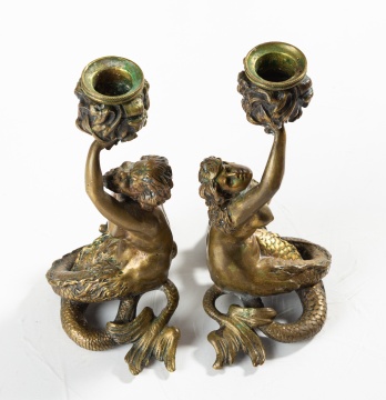Antonio Pandiani (Italian, 1838-1928) Pair of Bronze Candlesticks, Triton and Nereid