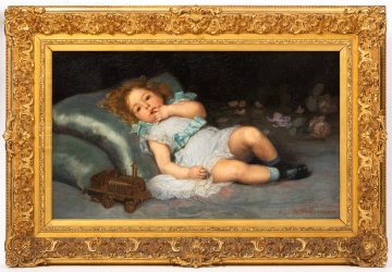 Hippolyte-Dominique Berteaux (French, 1843-1926) Child Reclining on a Cushion with a Toy Locomotive, 1893