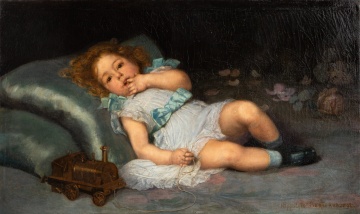 Hippolyte-Dominique Berteaux (French, 1843-1926) Child Reclining on a Cushion with a Toy Locomotive, 1893