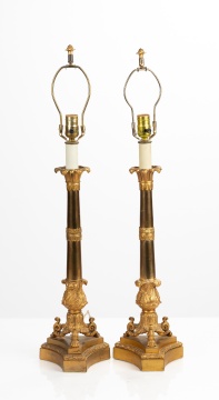 Pair of Charles X Style Gilt and Patinated Bronze Table Lamps