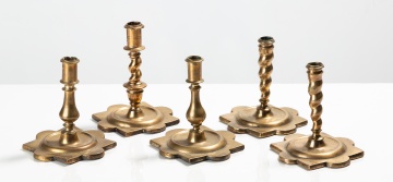Five Early Brass Candlesticks with Petal Bases, 17th and 18th Century
