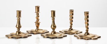 Five Early Brass Candlesticks with Petal Bases, 17th and 18th Century