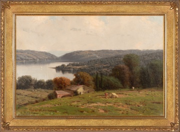 William Bruce (American, 1861-1911) View over a Finger Lake with Farmhouse and Cattle