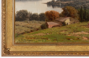 William Bruce (American, 1861-1911) View over a Finger Lake with Farmhouse and Cattle