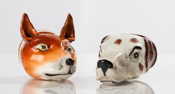 Two Staffordshire Pearlware Stirrup Cups, Fox Head and Hound Head