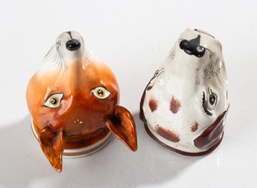Two Staffordshire Pearlware Stirrup Cups, Fox Head and Hound Head