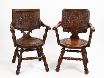 Two Carved Oak 'Tavern Pub' Armchairs with Drinking Scenes