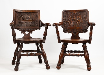 Two Carved Oak 'Tavern Pub' Armchairs with Drinking Scenes