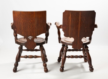 Two Carved Oak 'Tavern Pub' Armchairs with Drinking Scenes