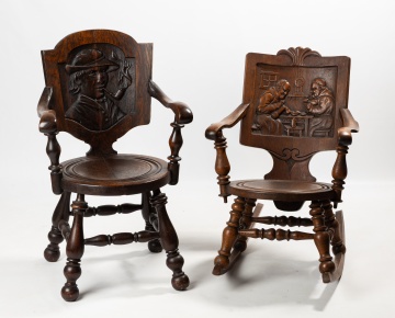 Two Carved Oak 'Tavern Pub' Chairs: Armchair with Cavalier and Rocker with Monks