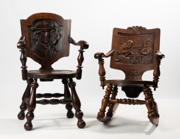 Two Carved Oak 'Tavern Pub' Chairs: Armchair with Cavalier and Rocker with Monks