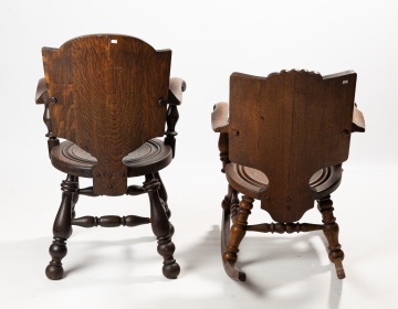 Two Carved Oak 'Tavern Pub' Chairs: Armchair with Cavalier and Rocker with Monks