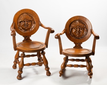 Two Carved Oak 'Tavern Pub' Chairs with Monk's Head Roundels: Armchair and Rocker