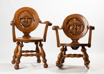 Two Carved Oak 'Tavern Pub' Chairs with Monk's Head Roundels: Armchair and Rocker