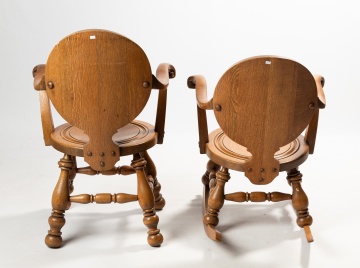 Two Carved Oak 'Tavern Pub' Chairs with Monk's Head Roundels: Armchair and Rocker