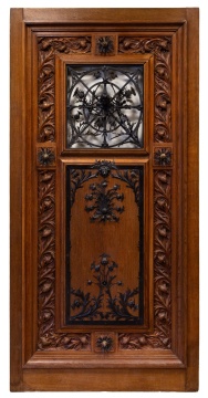 Attributed to Emile Robert (French, 1860-1924) Art Nouveau Carved Oak and Wrought Iron 'Thistles' Door / Panel