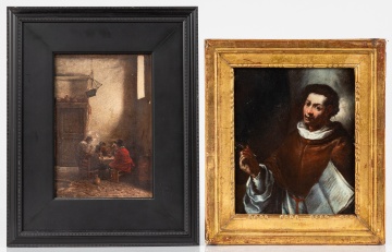 Two Old Master Style Paintings: Dutch School Tavern Interior and Spanish School Monk with Quill