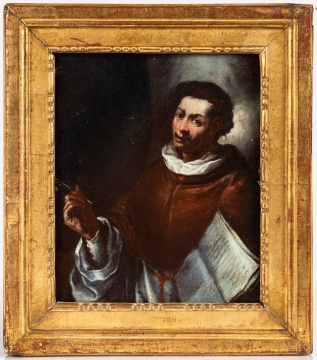 Two Old Master Style Paintings: Dutch School Tavern Interior and Spanish School Monk with Quill