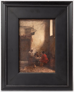 Two Old Master Style Paintings: Dutch School Tavern Interior and Spanish School Monk with Quill