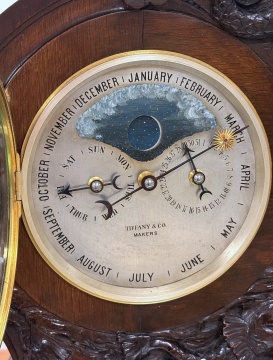 Tiffany & Co., Makers, Carved Oak Double-Dial Perpetual Calendar Mantel Clock, No. 2967