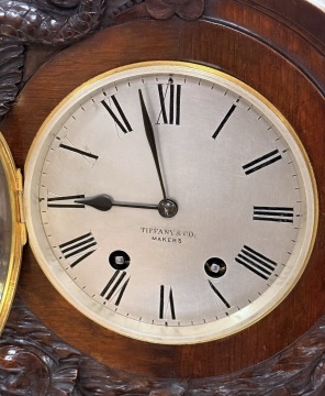 Tiffany & Co., Makers, Carved Oak Double-Dial Perpetual Calendar Mantel Clock, No. 2967