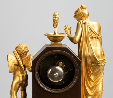 French Empire Gilt and Patinated Bronze Figural Mantel Clock
