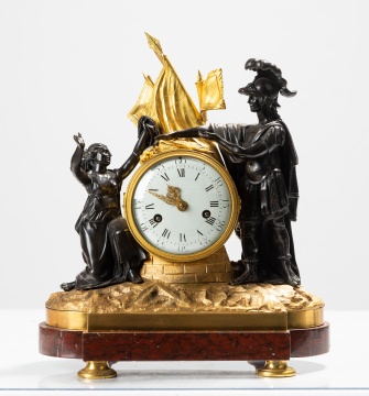Louis XVI Gilt and Patinated Bronze Figural Mantel Clock