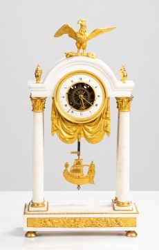French White Marble and Gilt Bronze Portico Clock
