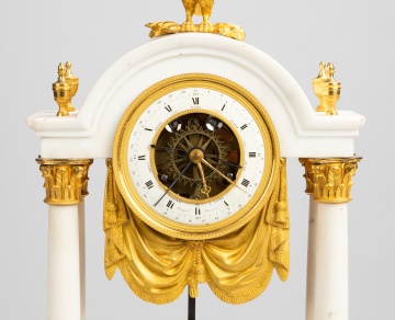 French White Marble and Gilt Bronze Portico Clock