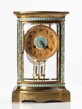 French Champleve Enamel and Brass Crystal Regulator Mantel Clock