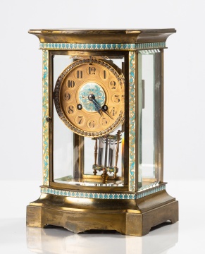 French Champleve Enamel and Brass Crystal Regulator Mantel Clock