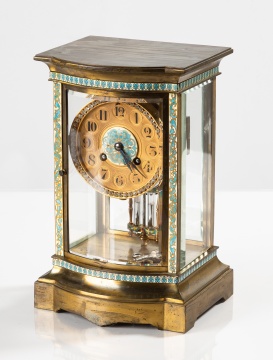 French Champleve Enamel and Brass Crystal Regulator Mantel Clock