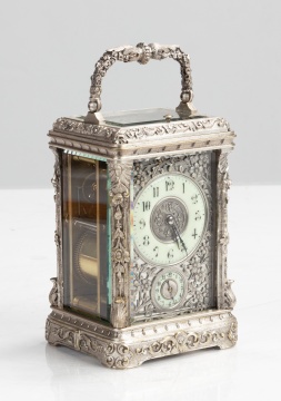 French Silvered Bronze Repeating Carriage Clock with Alarm