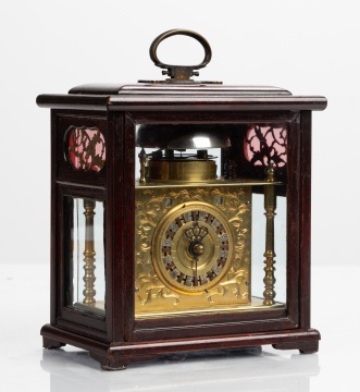 Japanese Engraved Brass Makura-Dokei (Bracket Clock) in Shitan Case