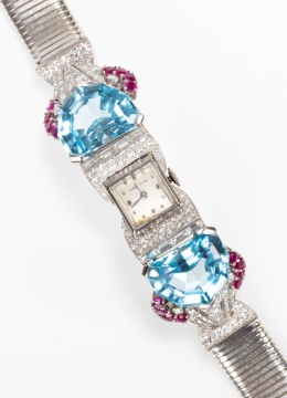 Gubelin Retro 14K White Gold, Platinum, Aquamarine, Ruby and Diamond Bracelet Watch