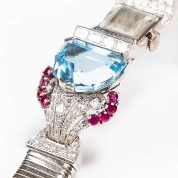 Gubelin Retro 14K White Gold, Platinum, Aquamarine, Ruby and Diamond Bracelet Watch