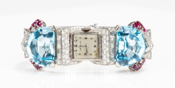 Gubelin Retro 14K White Gold, Platinum, Aquamarine, Ruby and Diamond Bracelet Watch