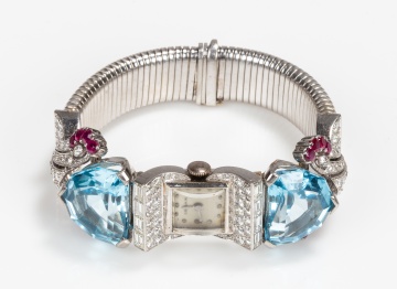 Gubelin Retro 14K White Gold, Platinum, Aquamarine, Ruby and Diamond Bracelet Watch