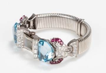 Gubelin Retro 14K White Gold, Platinum, Aquamarine, Ruby and Diamond Bracelet Watch