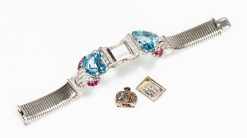 Gubelin Retro 14K White Gold, Platinum, Aquamarine, Ruby and Diamond Bracelet Watch