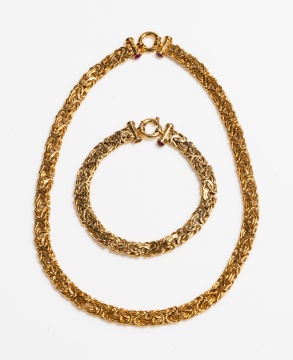 Italian Byzantine 14K Gold Bracelet and Necklace with Ruby Cabochons