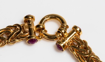 Italian Byzantine 14K Gold Bracelet and Necklace with Ruby Cabochons