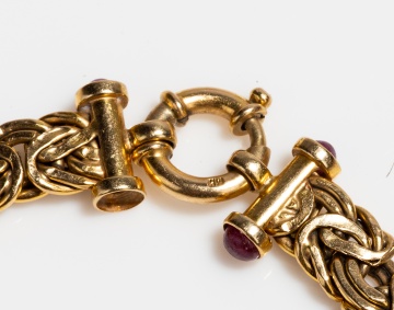 Italian Byzantine 14K Gold Bracelet and Necklace with Ruby Cabochons