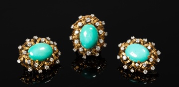 Mauboussin 18K Gold, Turquoise and Diamond Ring and Earclips