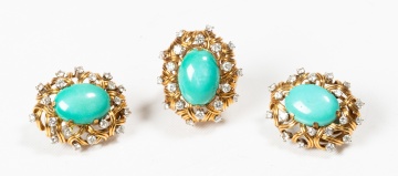 Mauboussin 18K Gold, Turquoise and Diamond Ring and Earclips