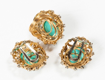 Mauboussin 18K Gold, Turquoise and Diamond Ring and Earclips