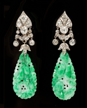 Pair of Art Deco Carved Jade and Diamond Pendant Earrings
